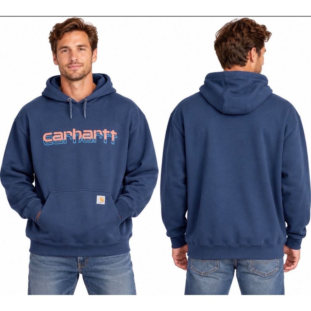 Carhartt Rain Defender Hoodie Mens 2XL Navy Blue Loose Fit Graphic Logo Pullover